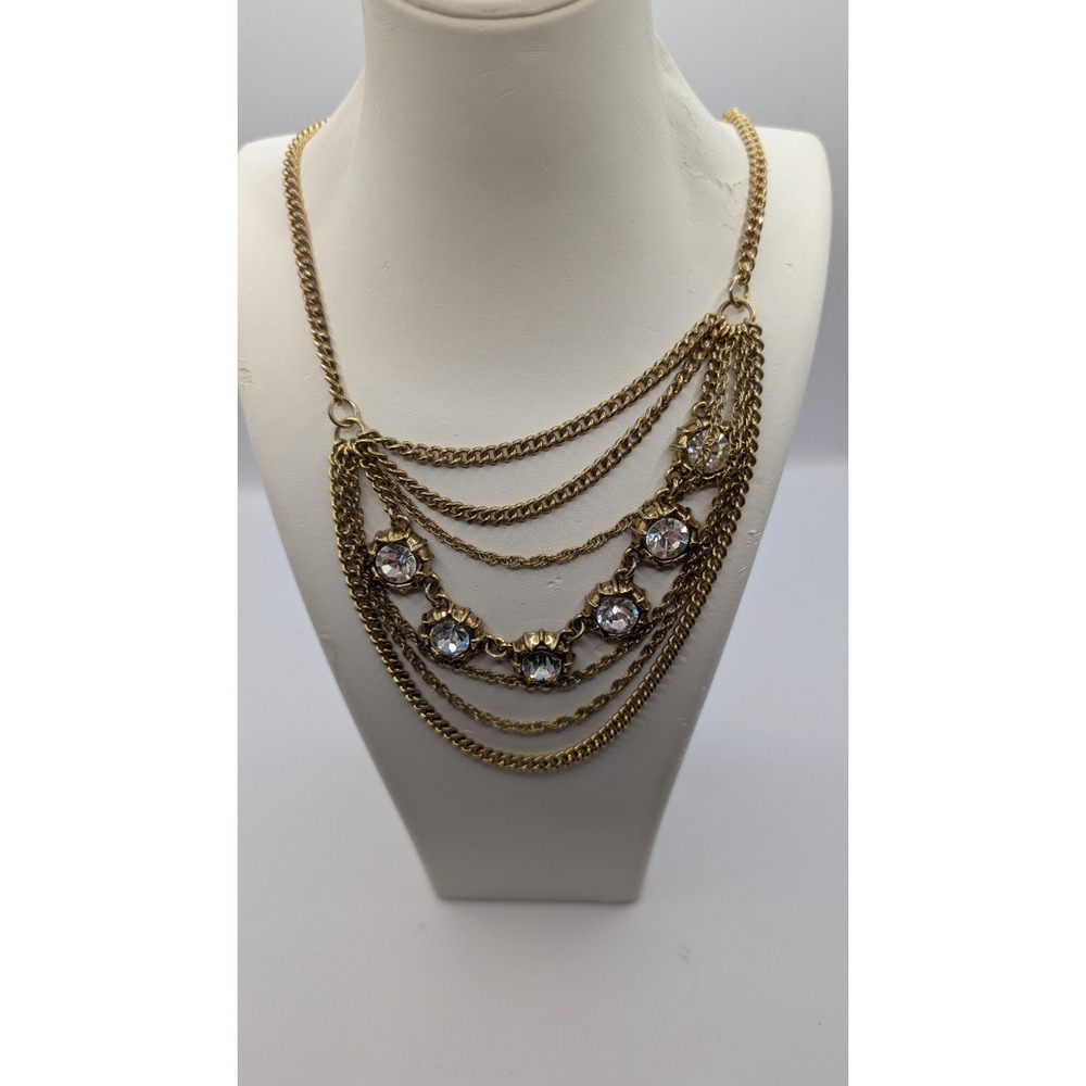 Vintage Talbots Gold Tone 7-Strand Tiered Rhinestone Bib Statement Necklace